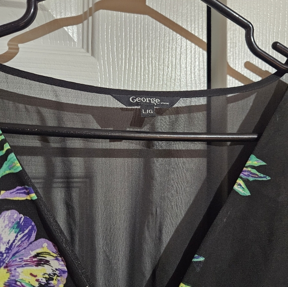 Floral Black Dress Pleated Skirt Sheer Back Zipup | George Size Large - Picture 2 of 7